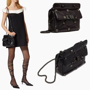 NWT Valentino Garavani Medium Roman Stud Nappa Shoulder Bag, Tonal Black